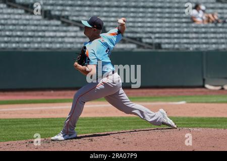 Salt Lake UT, USA. 25th June, 2023. Sugar Land pitcher Austin Hansen (33) throws a pitch during the game with Sugar Land Space Cowboys and Salt Lake Bees held at Smiths Field in Salt Lake Ut. David Seelig/Cal Sport Medi. Credit: csm/Alamy Live News Stock Photo