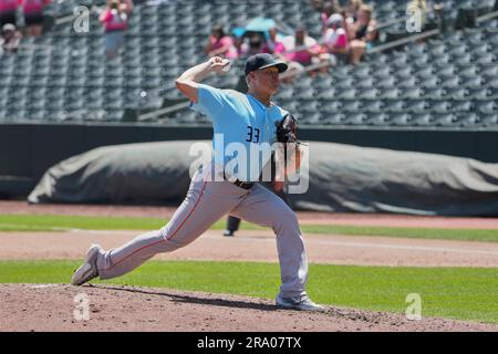 Salt Lake UT, USA. 25th June, 2023. Sugar Land pitcher Austin Hansen (33) throws a pitch during the game with Sugar Land Space Cowboys and Salt Lake Bees held at Smiths Field in Salt Lake Ut. David Seelig/Cal Sport Medi. Credit: csm/Alamy Live News Stock Photo