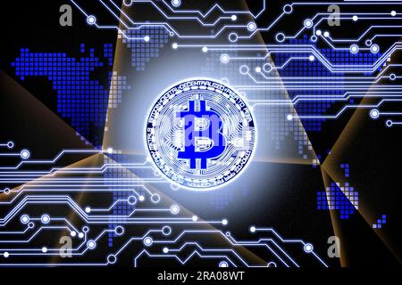 Cryptocurrency. Scheme with bitcoin against digital world map Stock Photo