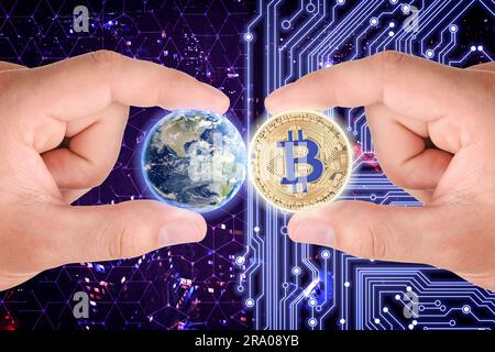 World cryptocurrency. Man holding bitcoin and globe against digital scheme and blurred cityscape Stock Photo