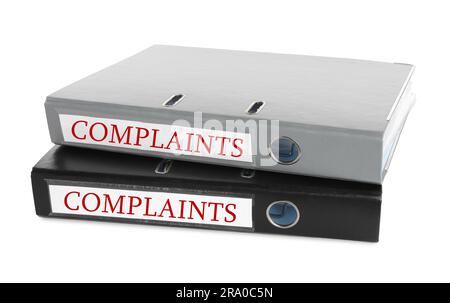 Folders with complaints labels on white background Stock Photo