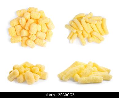 Piles with tasty corn sticks on white background, collage design Stock Photo