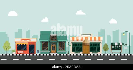 Cityscape with buildings, shops, and bus stops.Storefront on street with city background. Shop facade with road scene Stock Vector