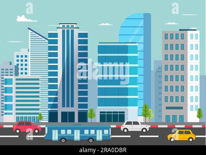 Cityscape with cars on road.Buildings in town with bus on street vector illustration.Urban landscape with office Stock Vector