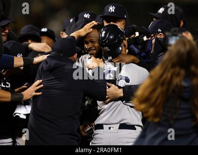 Oakland, United States. 28th June, 2023. New York Yankees starting pitcher Domingo German (0) celebrates his perfect game in their 11-0 win over the Oakland Athletics at the Coliseum in Oakland, Calif., on Wednesday, June 28, 2023. (Photo by Nhat V. Meyer/The Mercury News/TNS/Sipa USA) Credit: Sipa USA/Alamy Live News Stock Photo