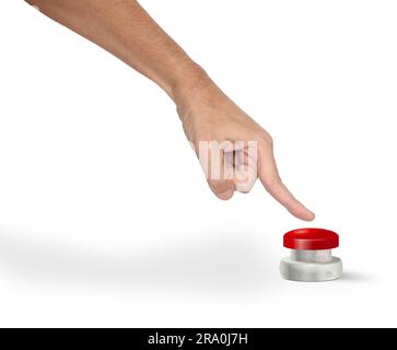 A man pushing a big red start stop alarm button with finger Stock Photo