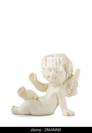 A little miniature statue of a white angel with wings on a white background Stock Photo