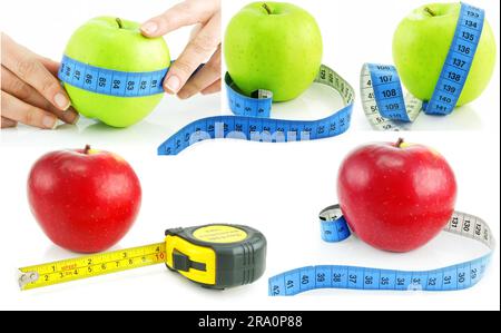Set of bright apples and measuring tapes isolated on a white background Stock Photo