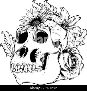 Gorilla monkey skull in black and white outline Stock Vector