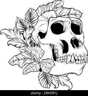 Gorilla monkey skull in black and white outline Stock Vector
