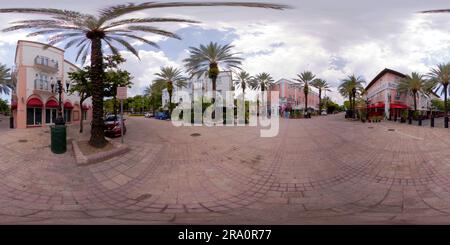 360 degree panoramic view of Miami Beach, FL, USA - June 29, 2023: 360 photo Espnola Way restaurants tourist destination hotspot