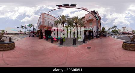 360 degree panoramic view of Miami Beach, FL, USA - June 29, 2023: 360 photo Espnola Way restaurants tourist destination hotspot