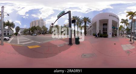 360 degree panoramic view of Miami Beach, FL, USA - June 29, 2023: 360 equirectangular spherical photo 16th Street and Collins Avenue