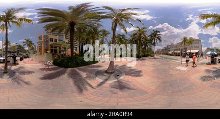 360 degree panoramic view of Miami Beach, FL, USA - June 29, 2023: 360 equirectangular spherical photo Ocean Drive Sobe