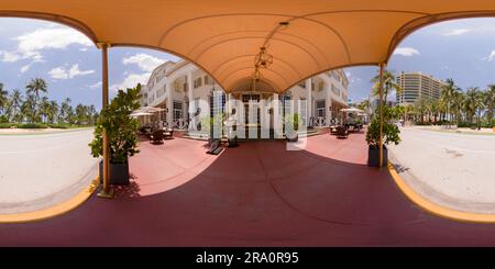 360 degree panoramic view of Miami Beach, FL, USA - June 29, 2023: 360 equirectangular spherical photo The Betsy Hotel Ocean Drive