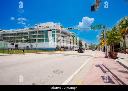 Miami Beach, FL, USA - June 29, 2023: Miami Beach 15th Street and Collins Avenue Stock Photo
