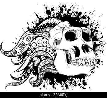 Gorilla monkey skull in black and white outline Stock Vector