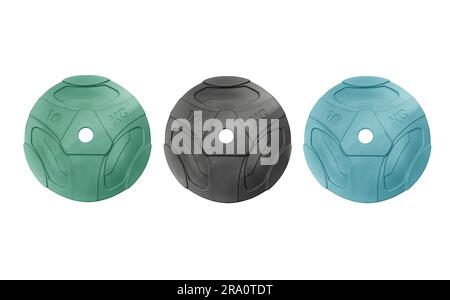 Dumbbell disc isolated on white background. Parts of professional adjustable dumbbell, rod and weight plates isolated on white. Exercise equipment Stock Photo