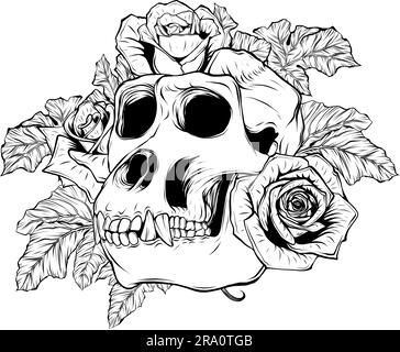 Gorilla monkey skull in black and white outline Stock Vector