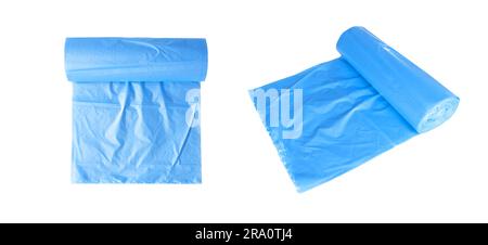 Blue rolls of garbage bin bags isolated on white background with copy space. Roll of garbage bags close-up Stock Photo