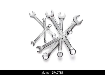 Set of combination chrome vanadium wrenches isolated on white background Stock Photo