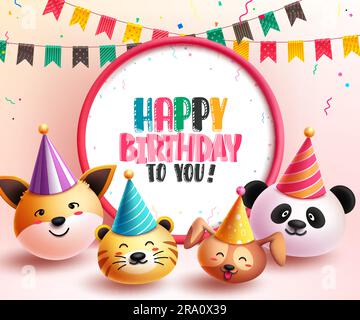 Happy birthday text vector template design. Birthday greeting in white space with animals and emoji characters party elements. Vector illustration Stock Vector