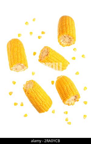 Cut fresh corn cobs and seeds on white background Stock Photo
