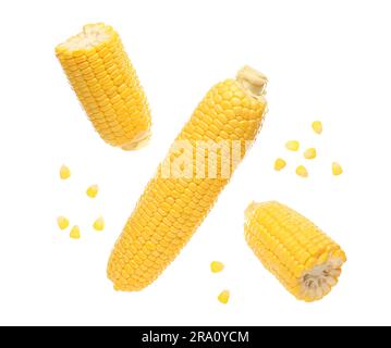 Fresh corn cobs and seeds on white background Stock Photo