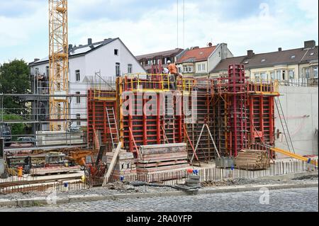 Kassel, Germany. 27th June, 2023. View of the construction site for the new building of the Wallpaper Museum, which will celebrate its groundbreaking on June 30, 2023. It is being built on Brüder-Grimm-Platz to mark the 100th anniversary of the German Wallpaper Museum Association. Credit: Uwe Zucchi/dpa/Alamy Live News Stock Photo