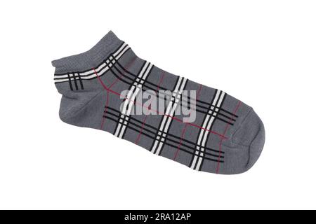 Socks with different lines isolated on white background. Colorful socks son white background. Colored socks on the leg isolated on white background Stock Photo