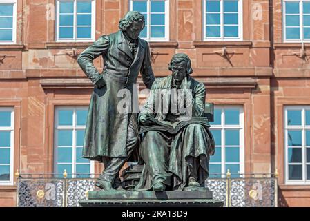 Monument to the Brothers Jakob and Wilhelm Grimm, Brothers Grimm Monument, German Studies, Fairy Tales, double statue made of bronze by Syrius Stock Photo