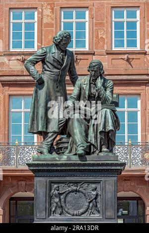 Monument to the Brothers Jakob and Wilhelm Grimm, Brothers Grimm Monument, German Studies, Fairy Tales, double statue made of bronze by Syrius Stock Photo