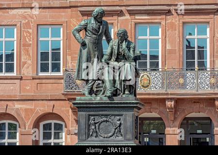 Monument to the Brothers Jakob and Wilhelm Grimm, Brothers Grimm Monument, German Studies, Fairy Tales, double statue made of bronze by Syrius Stock Photo