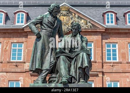 Monument to the Brothers Jakob and Wilhelm Grimm, Brothers Grimm Monument, German Studies, Fairy Tales, double statue made of bronze by Syrius Stock Photo