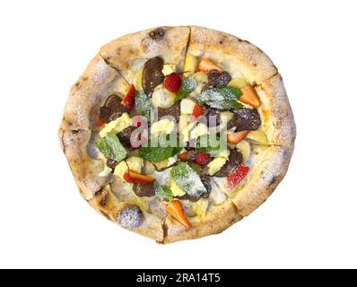 Fruit Pizza made with chocolate, pineapple, banana. Sweet pizza isolated on white backgroiund. Top view. Stock Photo