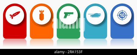 War icon set, miscellaneous vector icons such as missle, bomb, gun, tank and target, modern design infographic template, web buttons in 5 color option Stock Vector