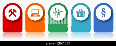 Commerce icon set, miscellaneous vector icons such as mining, laptop, wind turbine, shop basket and law, modern design infographic template, web butto Stock Vector