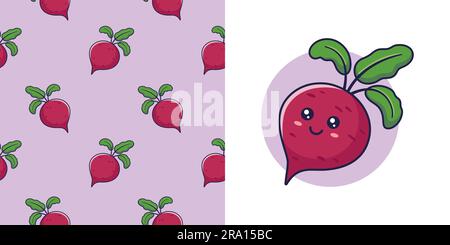 Hand drawn Beetroot in doodle style for designing baby clothes. Postcard with Beet and seamless pattern. Kids design texture for pajamas. Vector illustration. Stock Vector