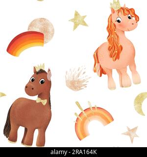 Seamless pattern of Princess, Prince, watercolor pony in the gold crown, stars, rainbow. Little girl horse. Funny animal kid. Design for baby shirt Stock Photo