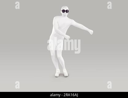 Funny man man in white spandex suit and sunglasses doing floss dance on gray background Stock Photo
