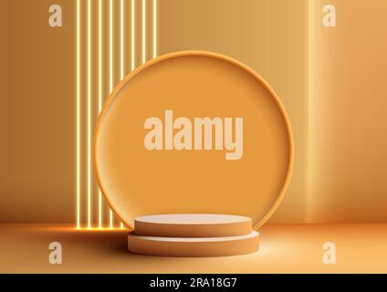 3D yellow podium and circle backdrop in yellow color background. Accentuated by neon lights, this interior concept showcase is a perfect way to displa Stock Vector