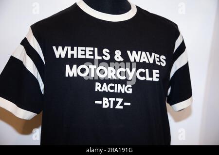 Bordeaux ,  France - 06 27 2023 : Wheels and Waves motorcycle racing logo brand and text sign on shirt of motorcycle culture event in Biarritz france Stock Photo