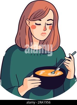 Young adult holding bowl of gourmet soup Stock Vector