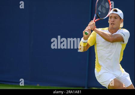 Sebastian Baez (ARG) playing in the first round on the first full day of the Rothesay International tennis at Devonshire Park, Eastbourne, UK. 26th Ju Stock Photo