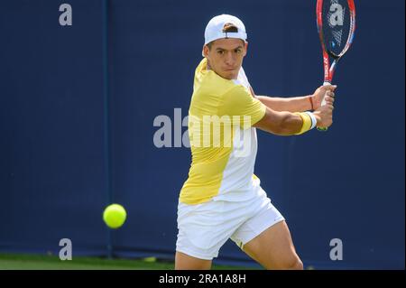 Sebastian Baez (ARG) playing in the first round on the first full day of the Rothesay International tennis at Devonshire Park, Eastbourne, UK. 26th Ju Stock Photo