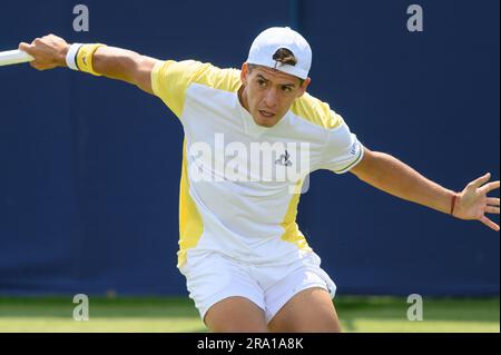 Sebastian Baez (ARG) playing in the first round on the first full day of the Rothesay International tennis at Devonshire Park, Eastbourne, UK. 26th Ju Stock Photo