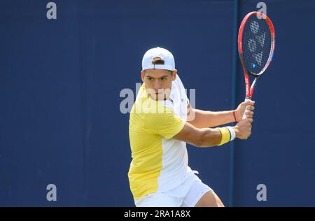 Sebastian Baez (ARG) playing in the first round on the first full day of the Rothesay International tennis at Devonshire Park, Eastbourne, UK. 26th Ju Stock Photo