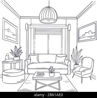 Abstract living room interior simple hand drawn illustration. Lounge with sofa, window, paintings, houseplants, carpet and chair. Living room Stock Vector