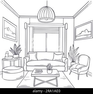 Living room view. Interior outline sketch. Furniture blueprint Stock ...