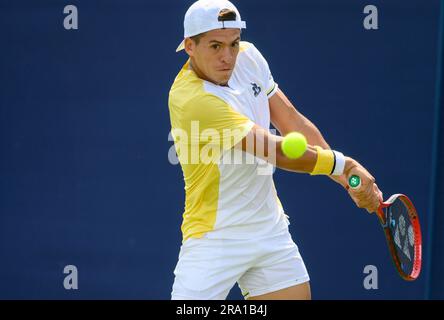 Sebastian Baez (ARG) playing in the first round on the first full day of the Rothesay International tennis at Devonshire Park, Eastbourne, UK. 26th Ju Stock Photo